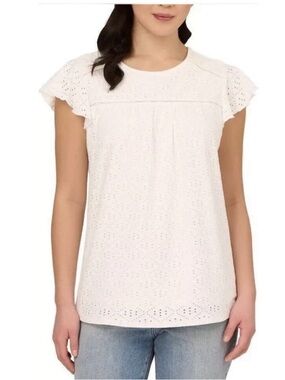 Adrianna Papell White Eyelet Flutter Sleeve Blouse